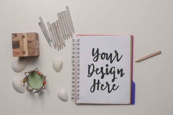 Blank Notebook Mockup with Colored Pencils