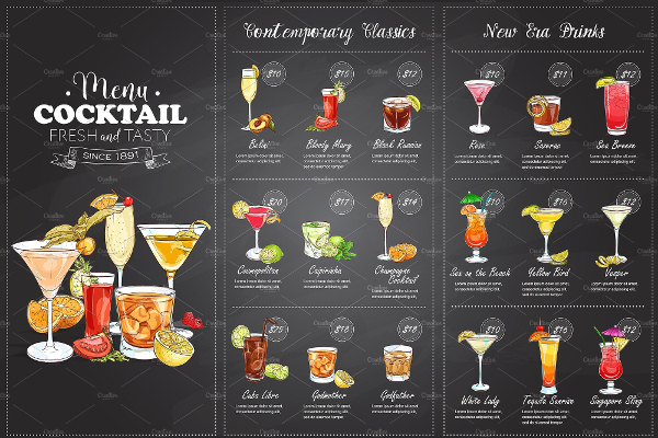 Drawing Horizontal Cocktail Menu Template