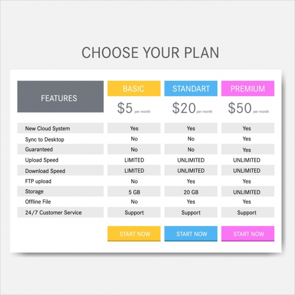 Price Table Template Design Free Vector