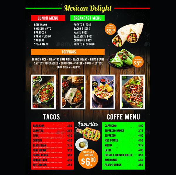 Mexican Taco Food Menu Templates