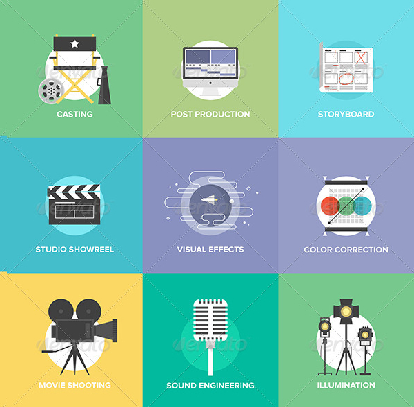 Film Shooting And Post Production Flat Icons