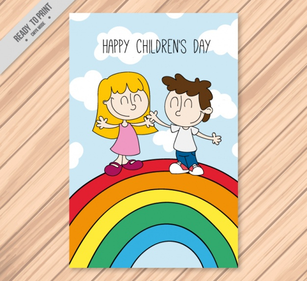 Happy Children Flyer On Rainbow Free Vector