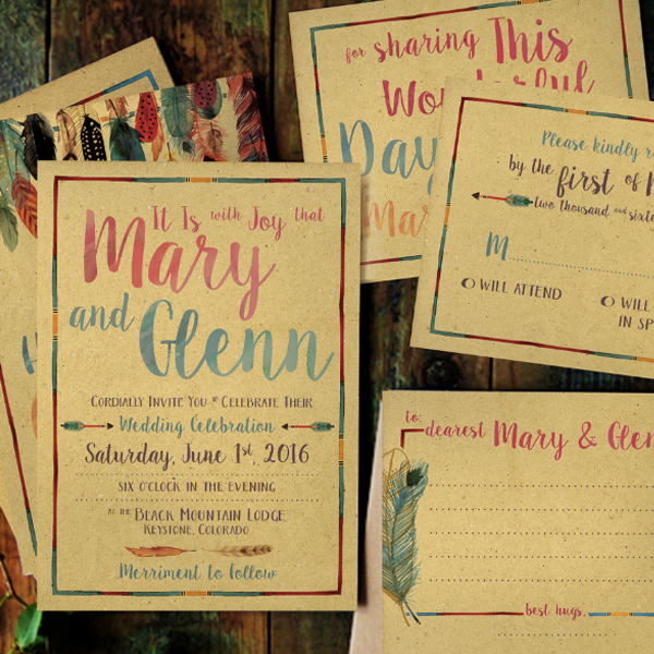Feather Watercolor Wedding Invitation Suite