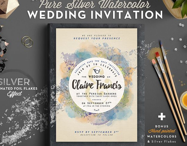 Free Pure Silver Watercolor Wedding Invitation Card