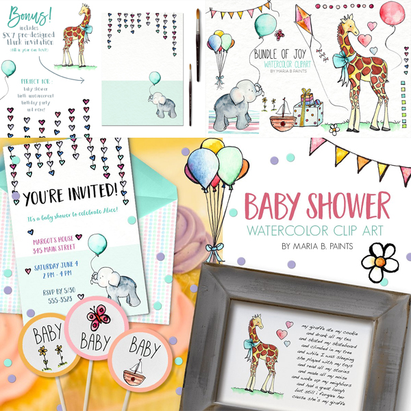Watercolor Clip Art - Baby Shower Invitation Templates