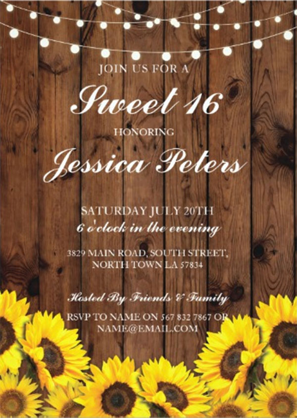 Sweet 16 Sunflower Wood Lights Rustic Invitation