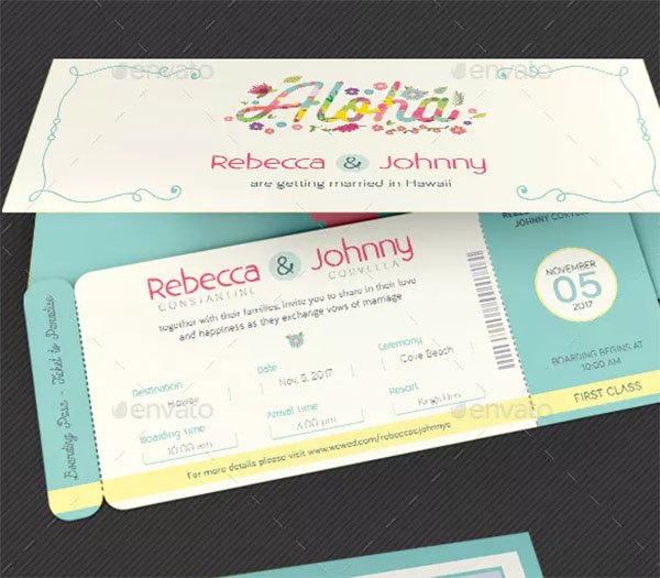 Hawaiian Wedding Boarding Pass Invitation Template