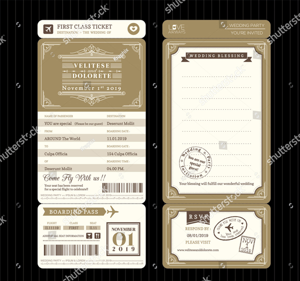Vintage Style Boarding Pass Ticket Wedding Invitation Template