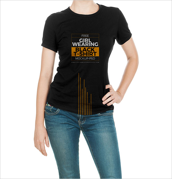 Free Girl Wearing Black T-Shirt Mock-up PSD