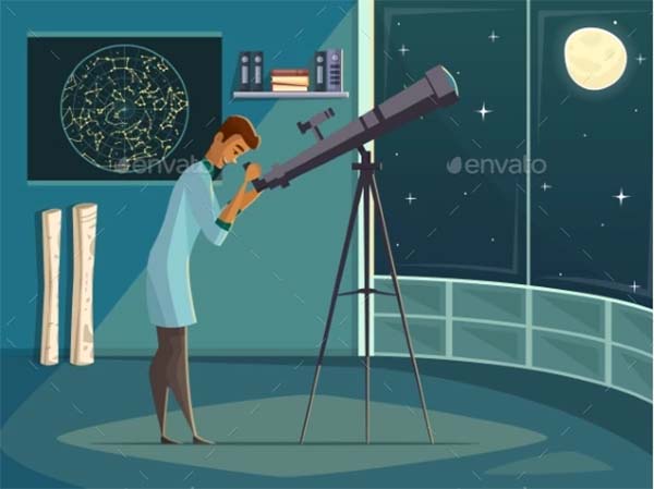 Astronomer with Telescope Retro Cartoon Poster