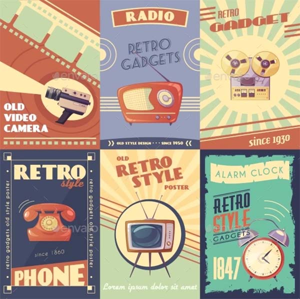 Retro Gadgets Cartoon Posters Template