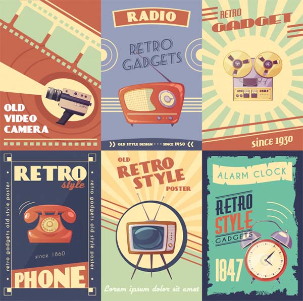 Free PSD Retro Gadgets Cartoon Posters