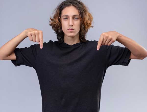 Black T-shirt Points Fingers to Down Mockup Free