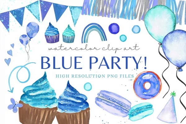 Blue Birthday Party Invitation Clip Art Set Template
