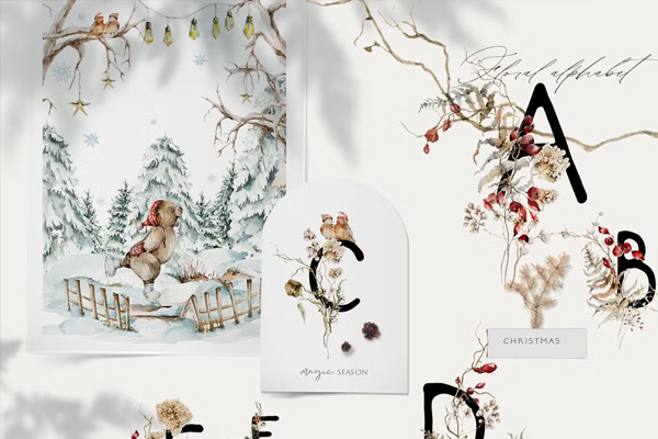 Digital Christmas woodland Winter Animals Templates