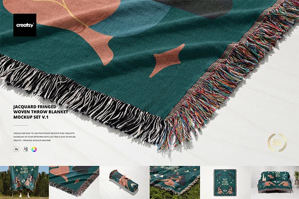 Fringed Woven Throw Blanket Mockup