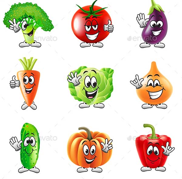 Funny Cartoon Vegetables Icons Vector Set