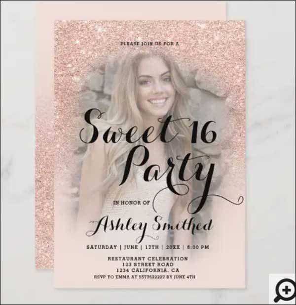 Gold Glitter Photo Sweet 16 Invitation
