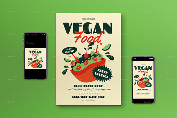 Green Flat Design Vegan Food Flyer Set