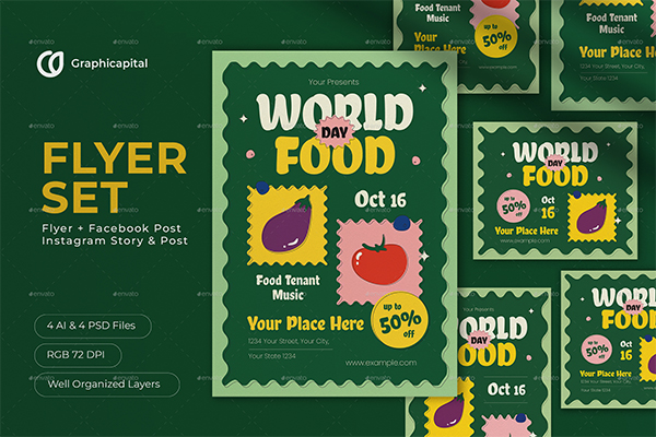 Green Flat Design World Food Day Flyer Set