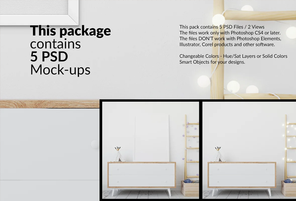 Kids Room Wall and Frames Mockup Set