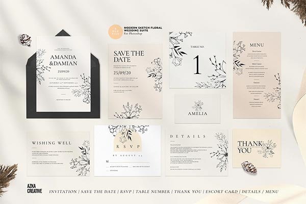 Modern Sketch Floral Wedding Suite