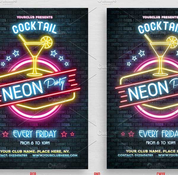 Neon Cocktail Party Flyer Templates
