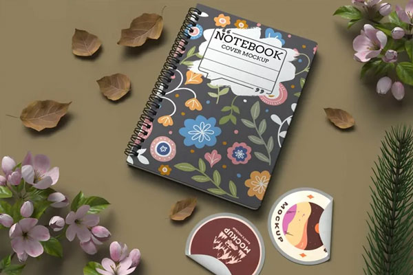 Spiral Notebook and Stickers Mockup