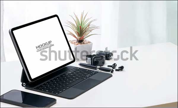 Tablet Keyboard with Smartwatch Mockup