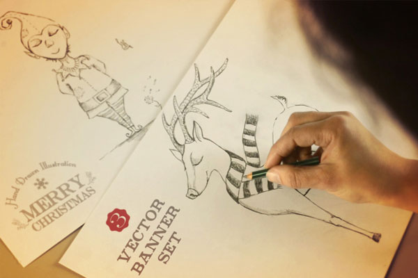 Unique Vector Merry Christmas Hand Drawn Labels