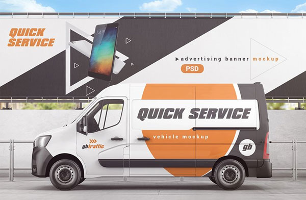 Vehicle With Outdoor Advertising Banner Mockup