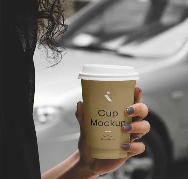 Woman Holding Cafe Cup Mockup Free