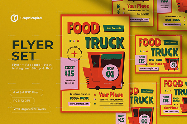 Yellow Flat Design Food Truck Flyer Set
